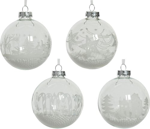 Kerstballen glas Transparant kerstprint Snowflake 8 cm doos 12 stuks