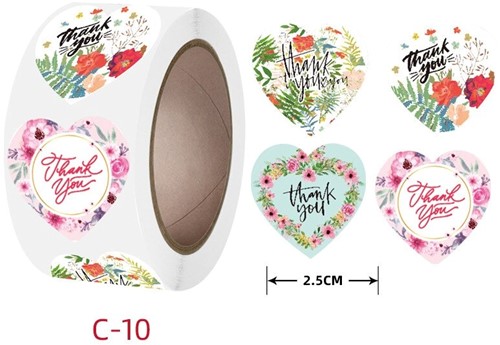 Sluitstickers Thank you Flowers Hartvorm etiket rol 500 labels