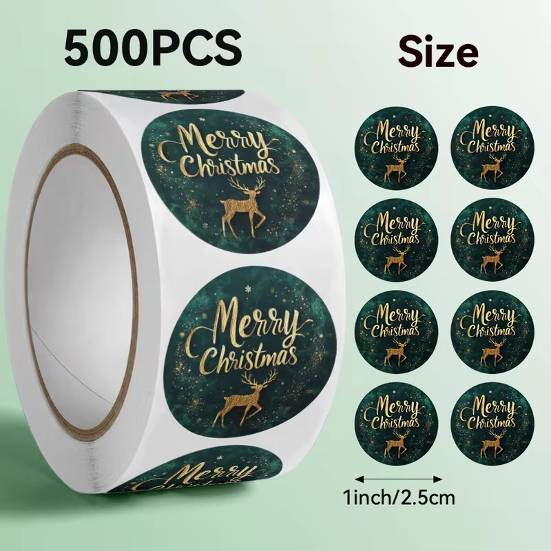 Sluitstickers Kerstetiketten Merry Christmas Gouden Rendier rond etiket 2,5 cm rol 500 labels 