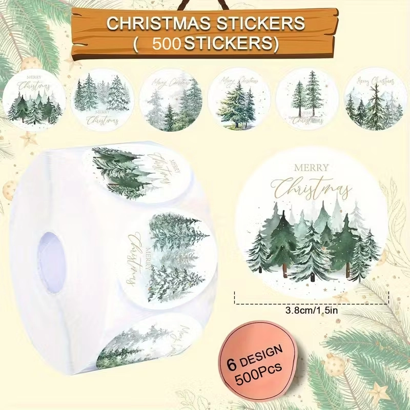 Sluitstickers grotere kerstetiketten Merry Christmas Bomen rond etiket 3.8 cm rol 500 labels  