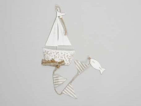 [A-013246] Zeilschip Wit Metaal Hanger Maritiem 11x19,5 cm