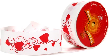 [A-017527] Poly Ribbon Scheur cadeaulint Wit + Rode Hartjes 50mm 100yard