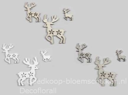 [A-016161] Houten Rendieren Wit B 3/5/7 cm box 15 stuks