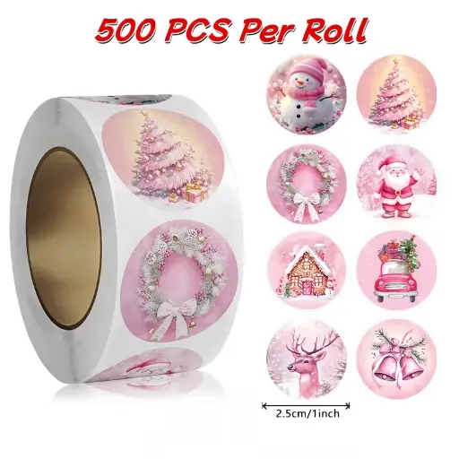[A-027853] Sluitstickers kerstetiketten Kerststickers Roze Vintage rond etiket 2,5 cm rol 500 labels 