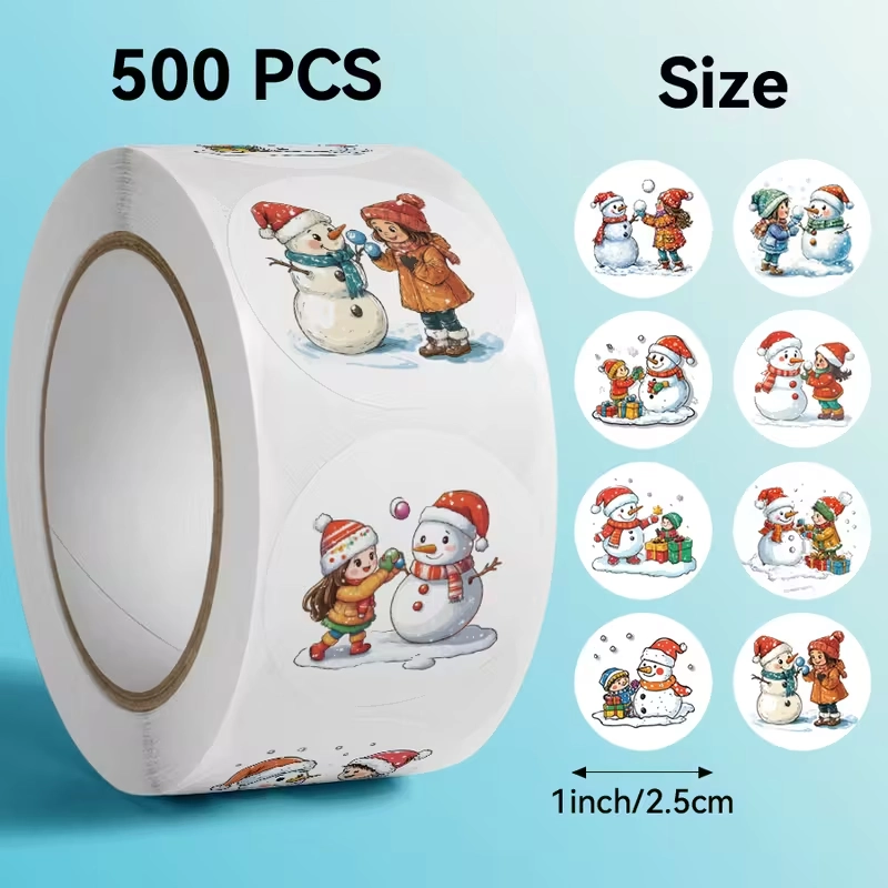 [A-027858] Sluitstickers kerstetiketten Kerststickers Kind & Sneeuwpop rond etiket 2,5 cm rol 500 labels  
